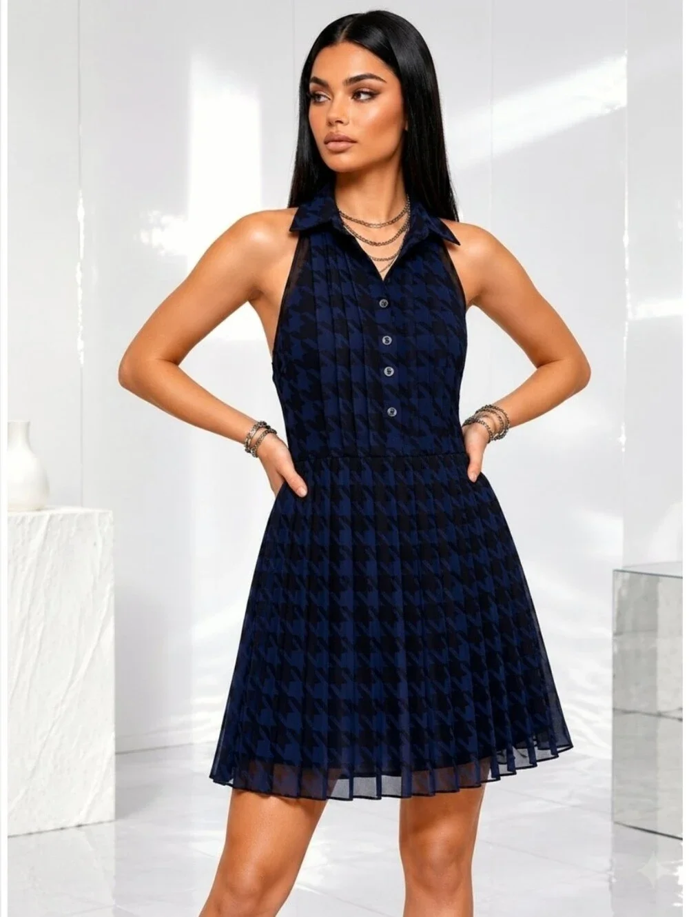 BCBGeneration Deep Blue Plaid Houndstooth Open-Back Mini Dress - Size 2